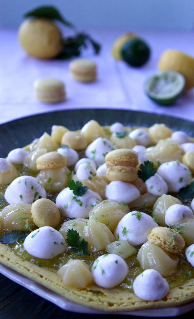 Grand macaron ouvert aux deux citrons, gelée à la coriandre, chantilly au yuzu