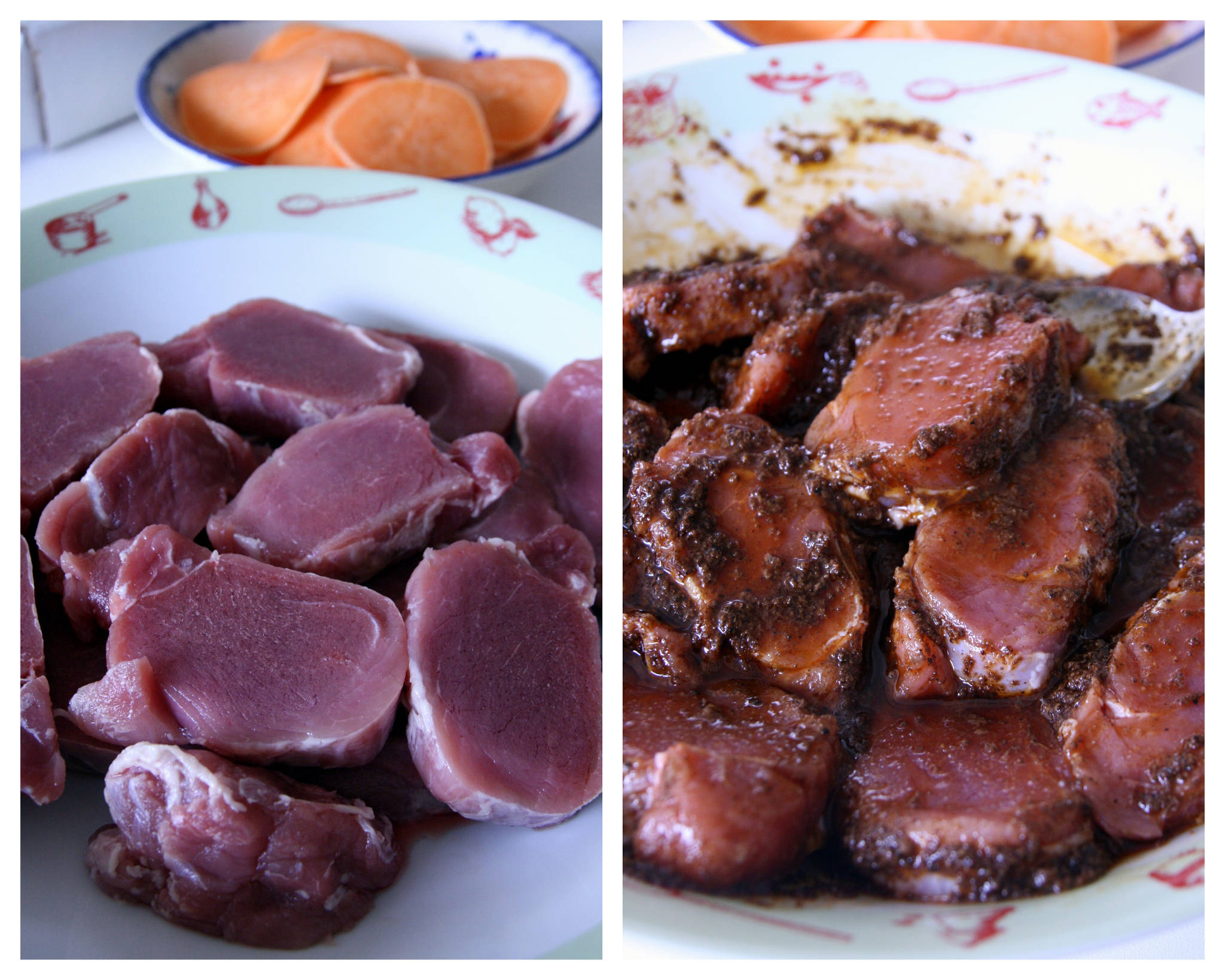 Médaillons de filet mignon de porc gingembre-cannelle au barbecue, patate douce en deux façons, amandes fraîches