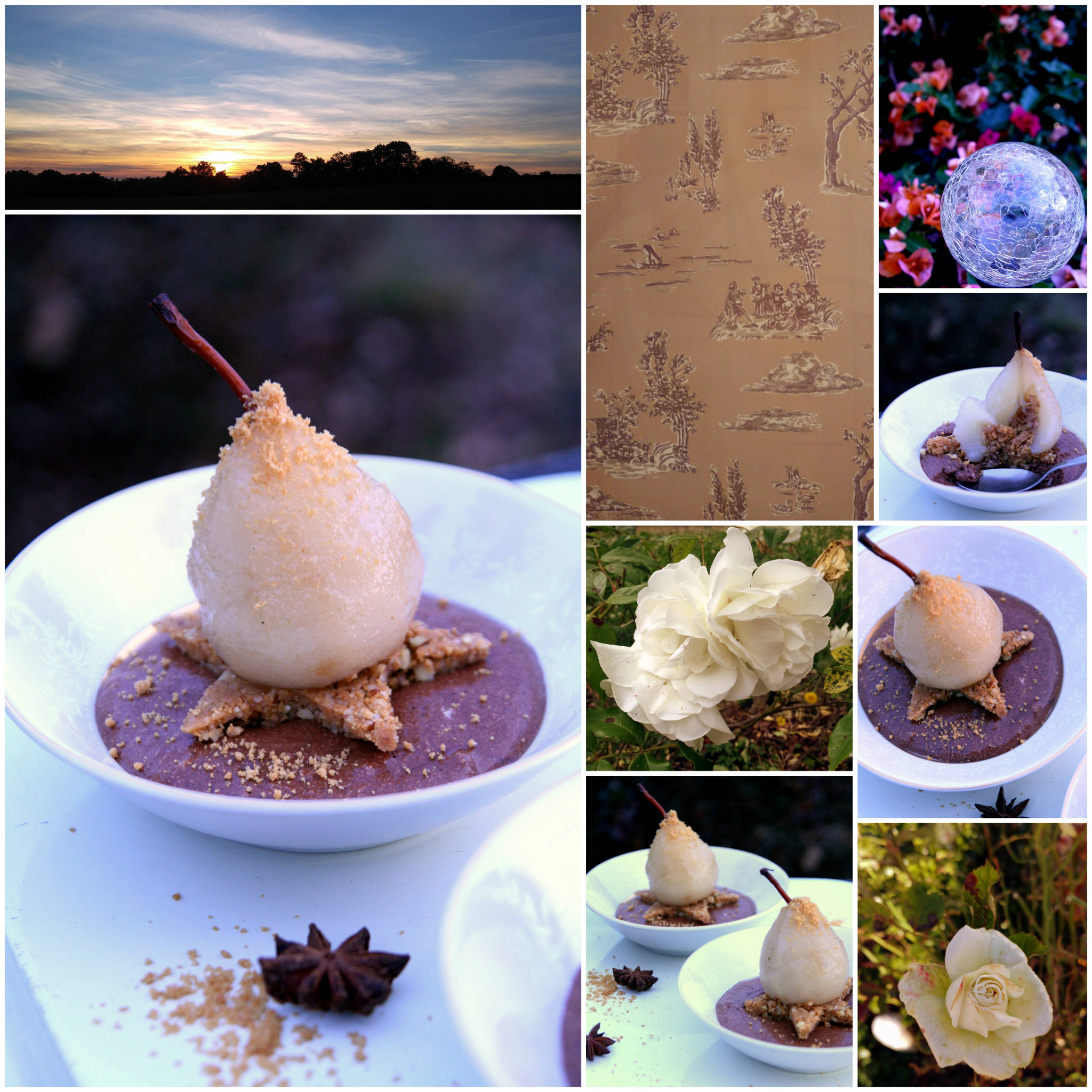 Poire pochée aux épices, mousse au chocolat et tonka, croustillant spéculoos et noix de pécan