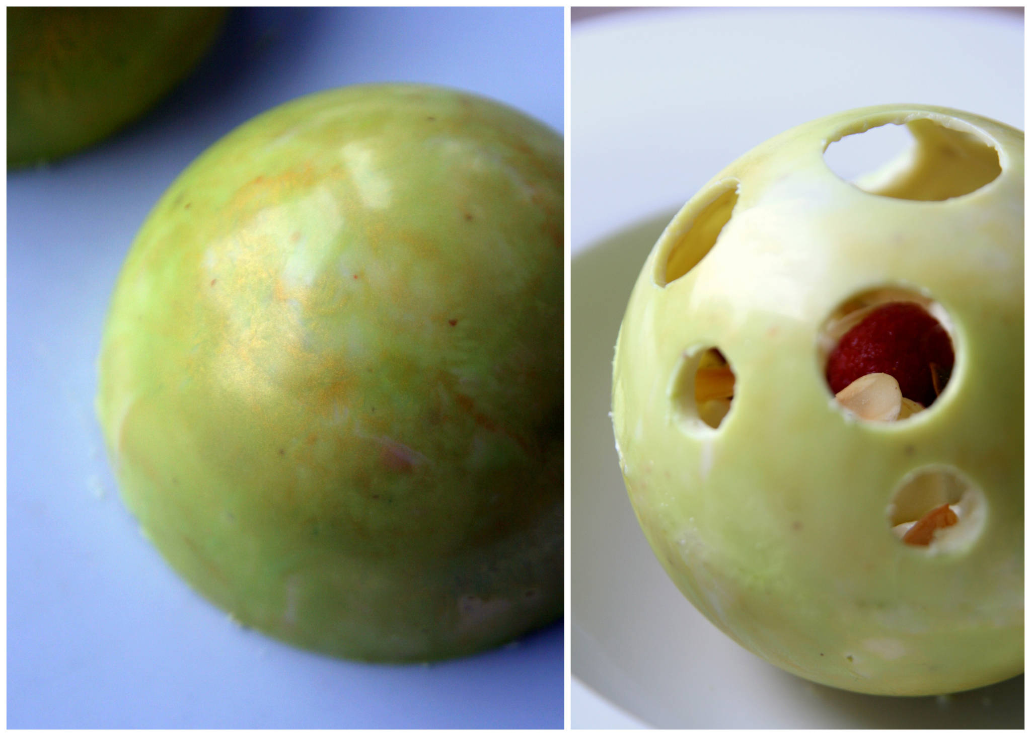 Boules chocolat blanc amande, chantilly amande et framboises