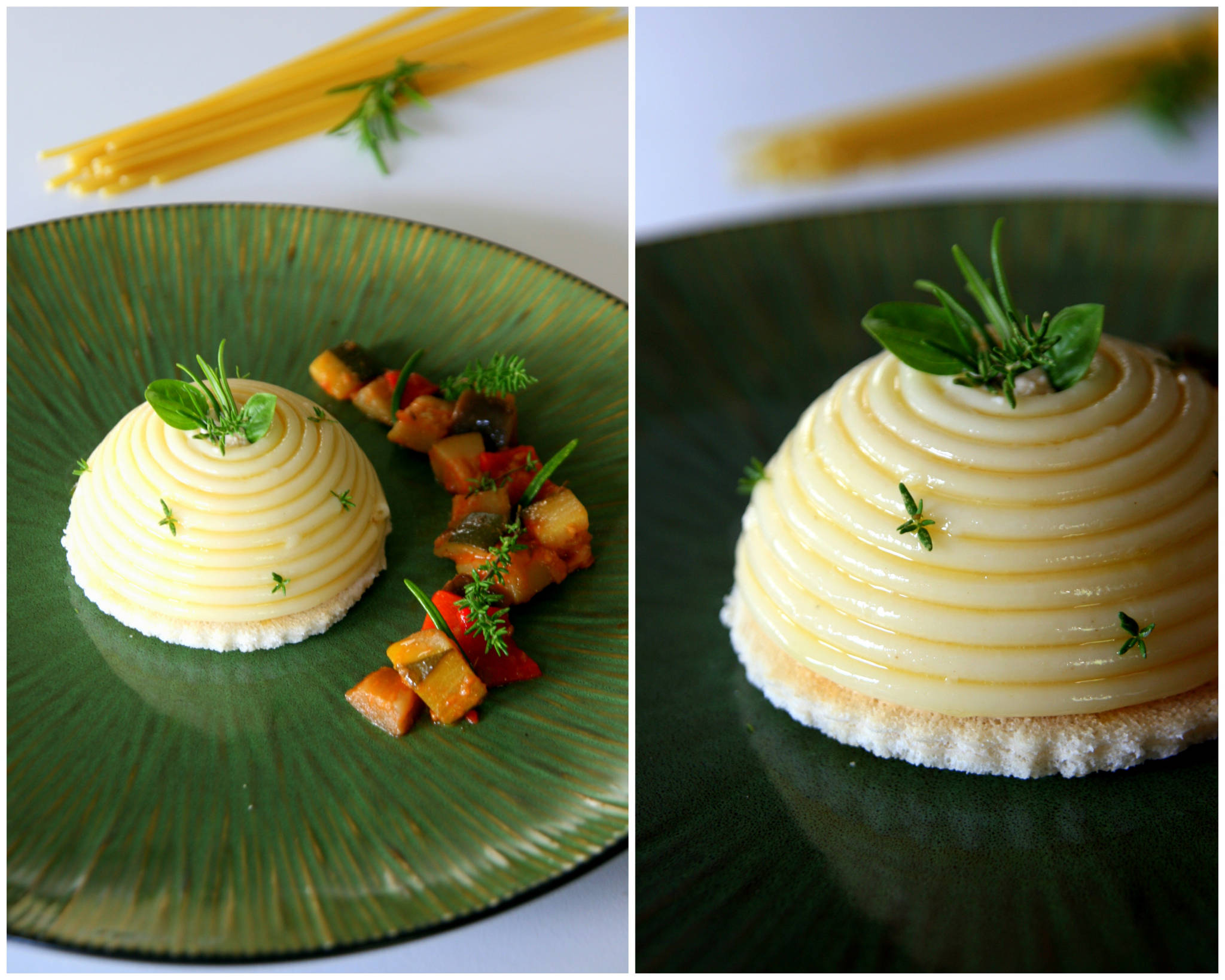 Chaud-froid de ratatouille et bucatini Barilla, coeur coulant à l'oeuf