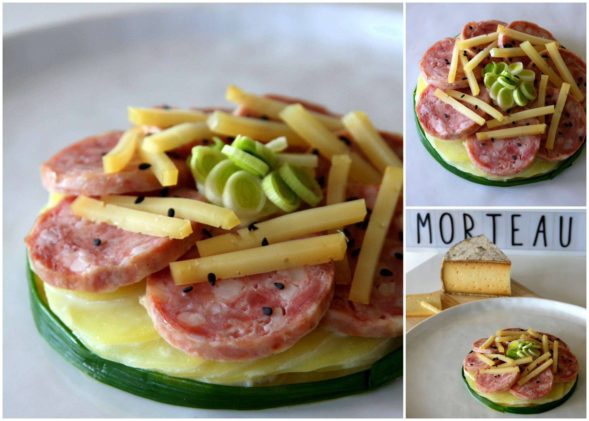 Saucisse de Morteau en rosace, pommes de terre à la Tomme de Savoie et à l'aillet