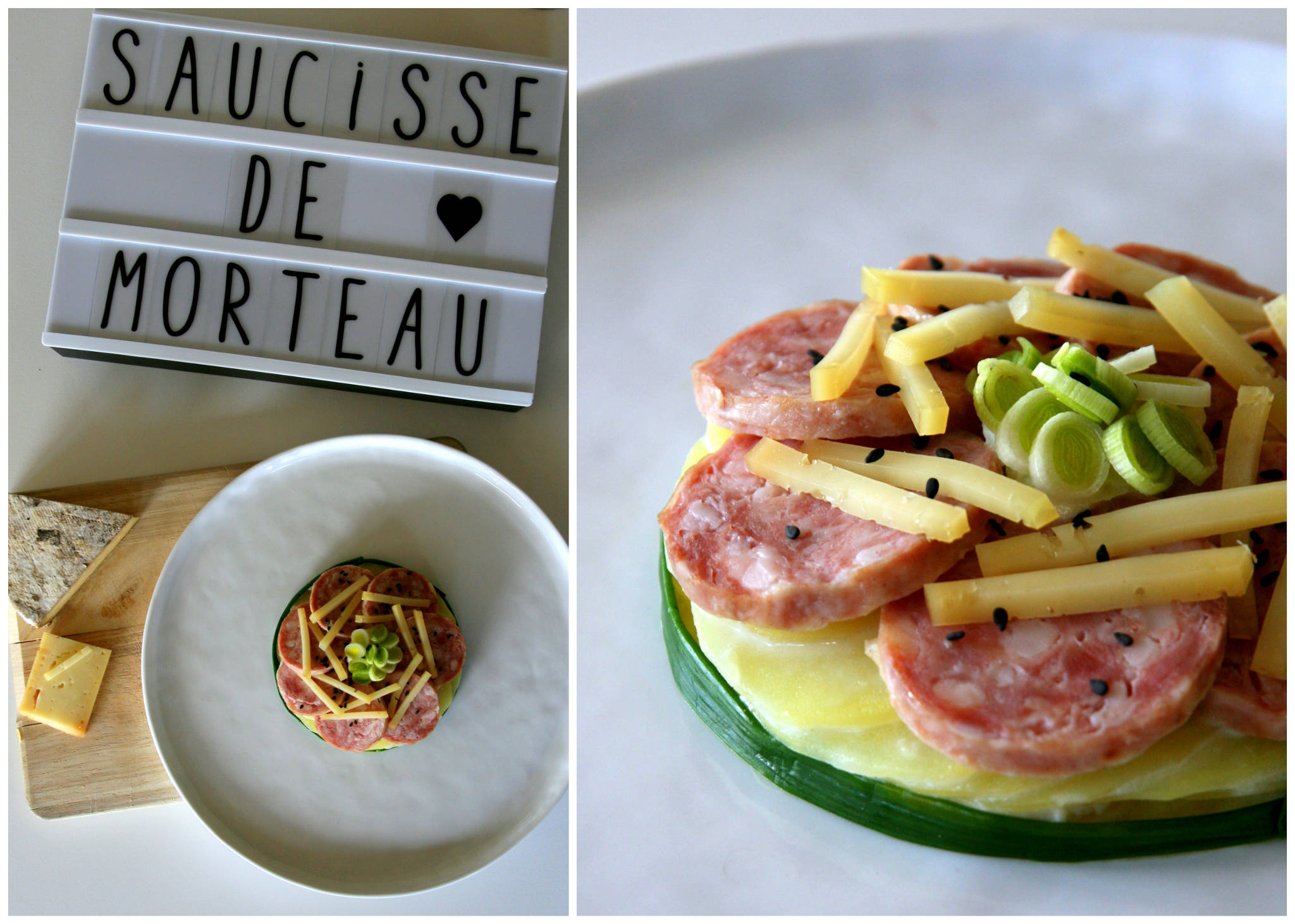 Saucisse de Morteau en rosace, pommes de terre à la Tomme de Savoie et à l'aillet