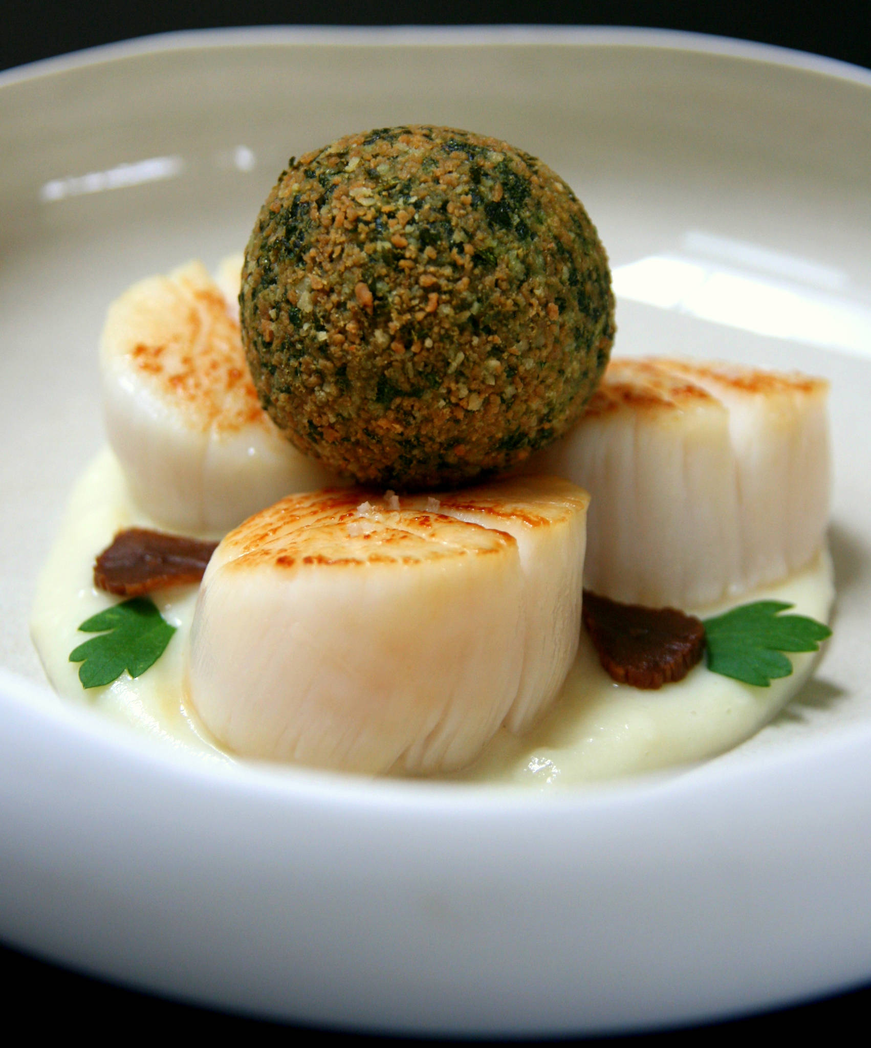 Saint-Jacques snackées, purée d'ail, cromesqui d'herbes au gomasio, ail noir