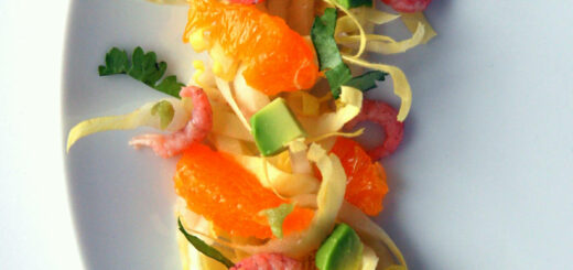 Salade d'endives aux crevettes grises, avocat, mandarine & wasabi