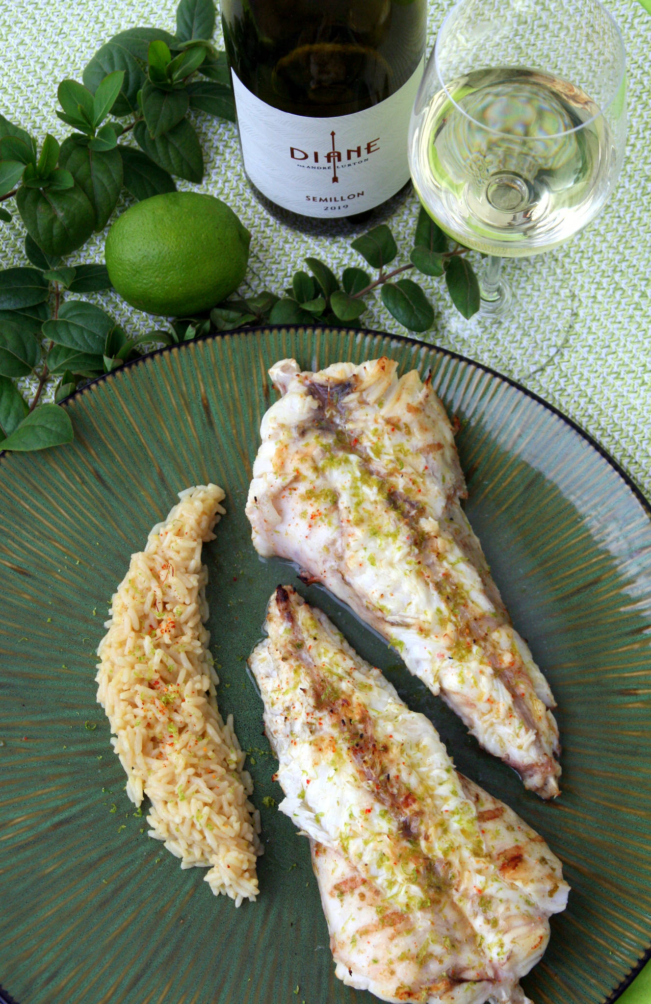 Queue de lotte grillée au citron vert, riz safrané, Diane Sémillon 2019