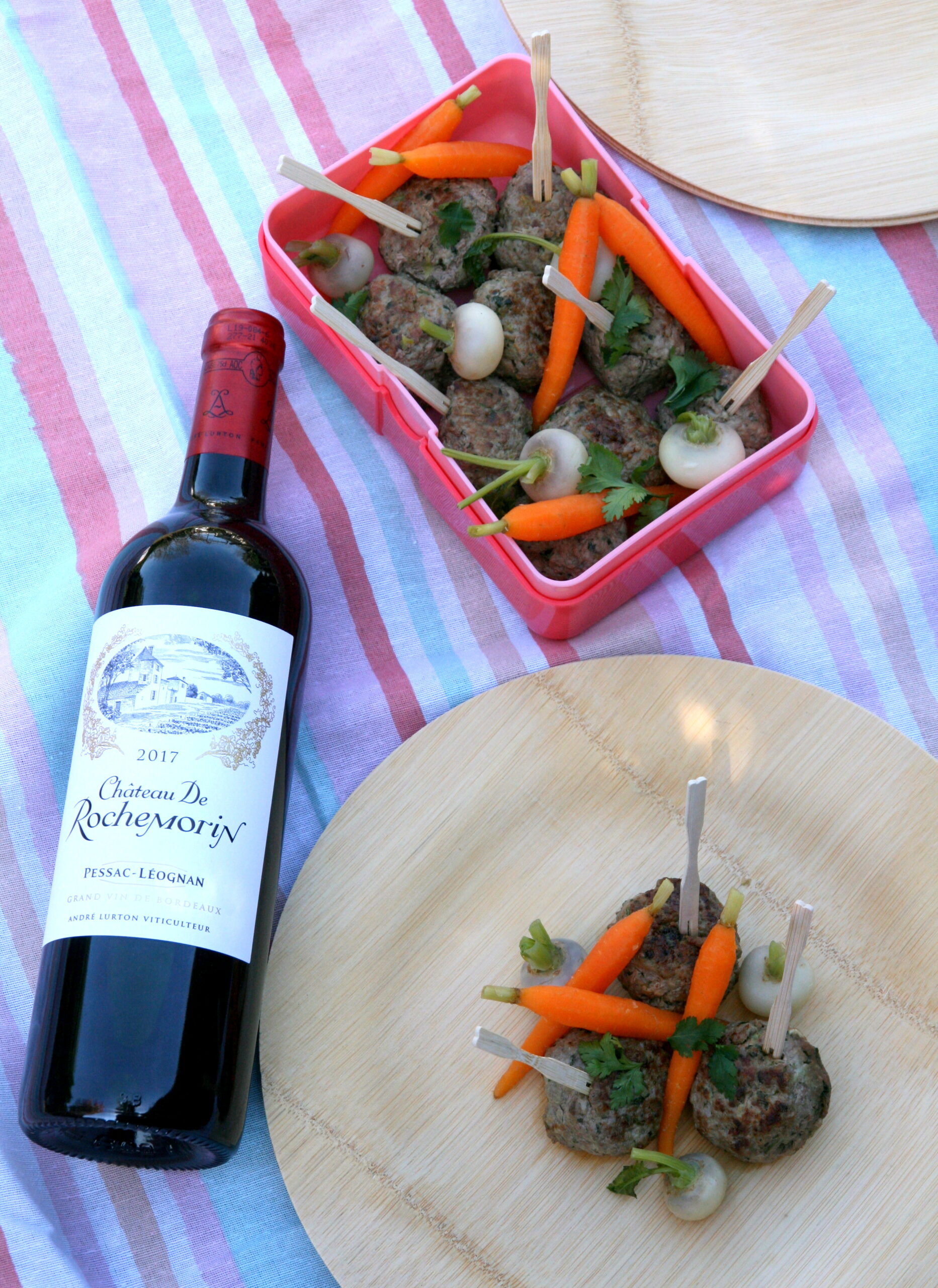 Boulettes de boeuf et de veau, petits légumes printaniers, Château de Rochemorin rouge 2017