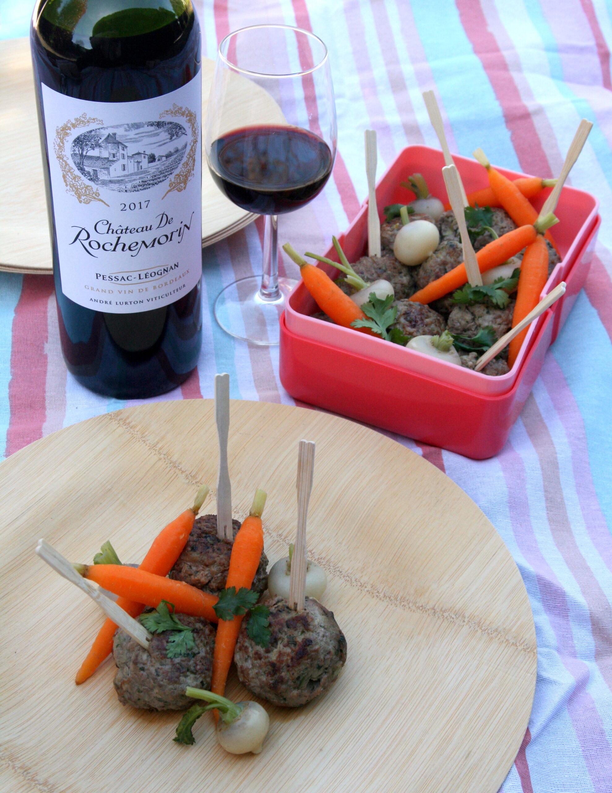 Boulettes de boeuf et de veau, petits légumes printaniers, Château de Rochemorin rouge 2017