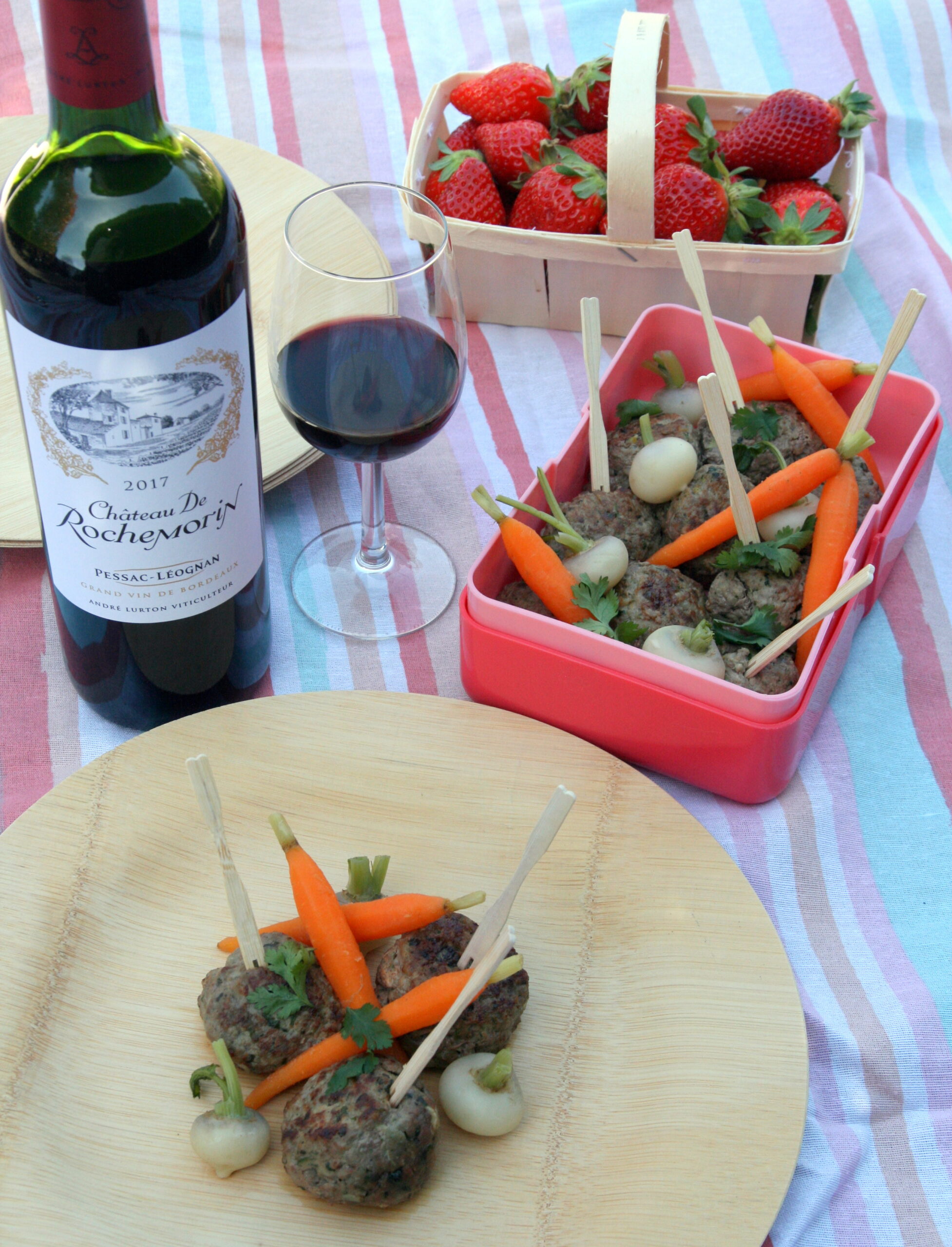 Boulettes de boeuf et de veau, petits légumes printaniers, Château de Rochemorin rouge 2017