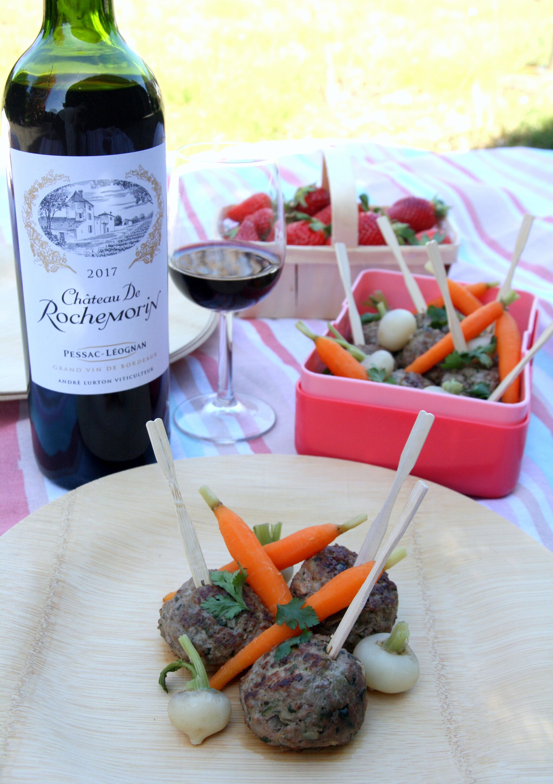 Boulettes de boeuf et de veau, petits légumes printaniers, Château de Rochemorin rouge 2017