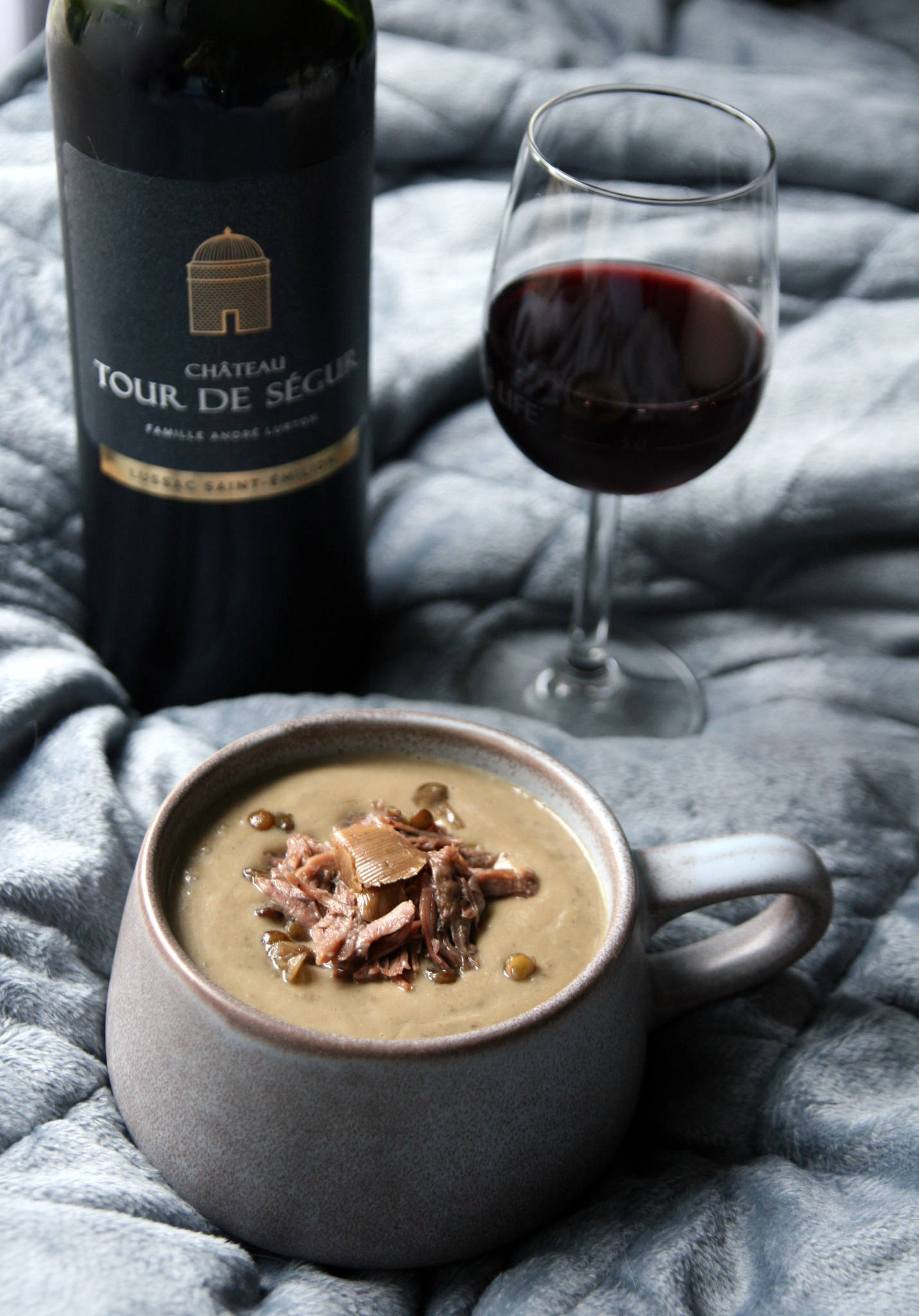 Velouté de lentilles vertes à l'effilochée de joue de porc, beurre à l'ail noir, Château Tour de Ségur 2018