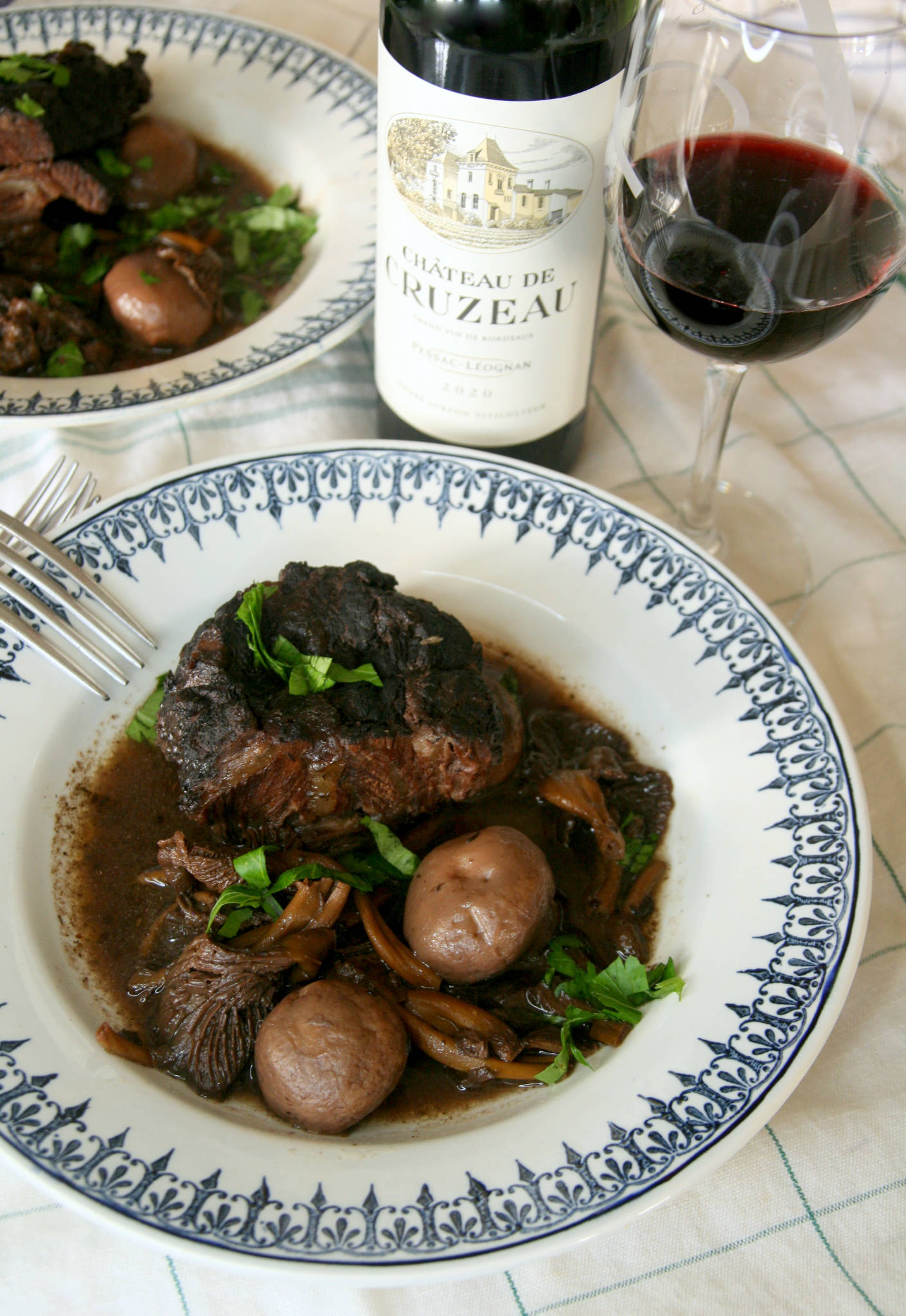 Mijotée de joue de boeuf aux champignons, Château de Cruzeau rouge 2020