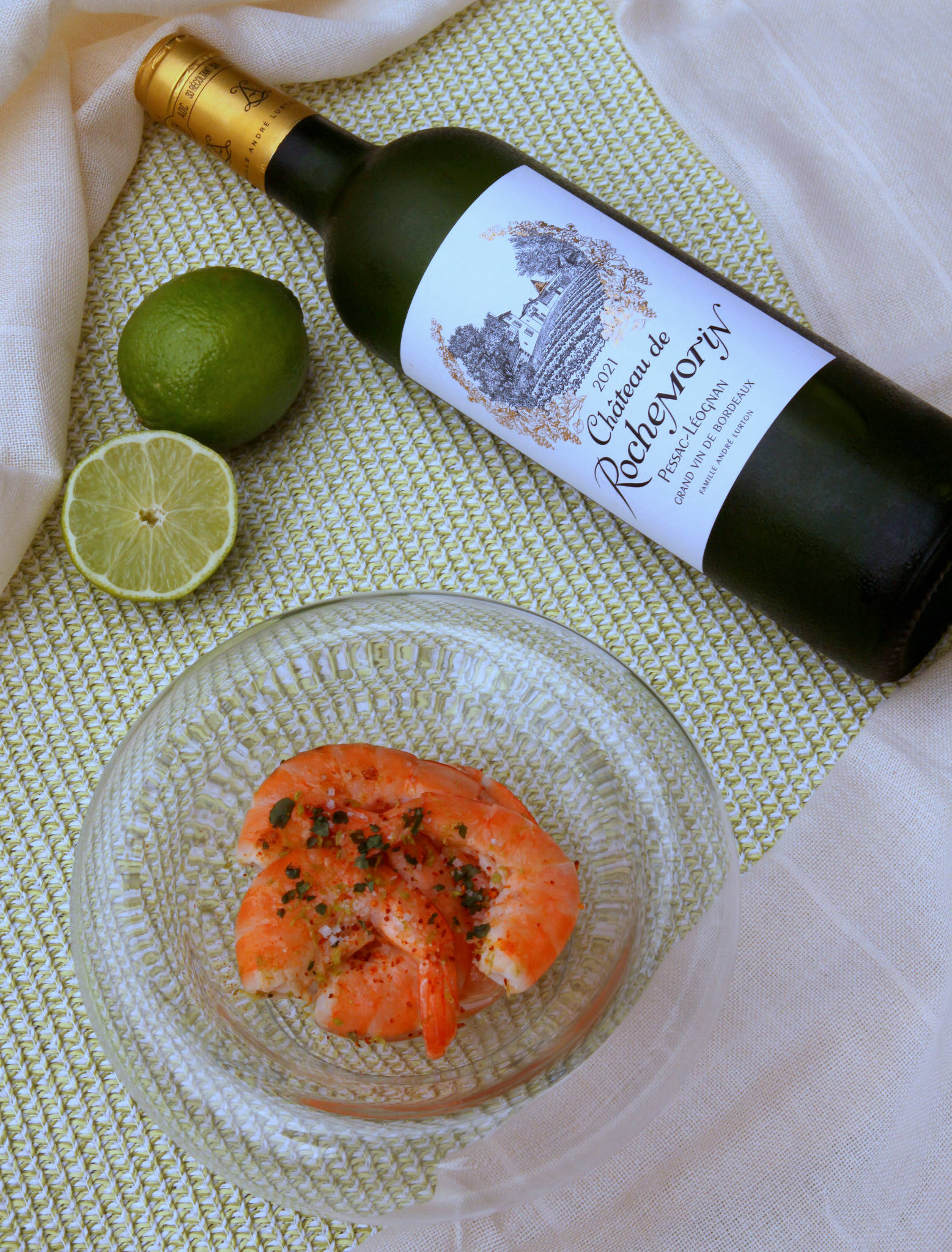 Crevettes coco & citron vert, Château de Rochemorin blanc 2021