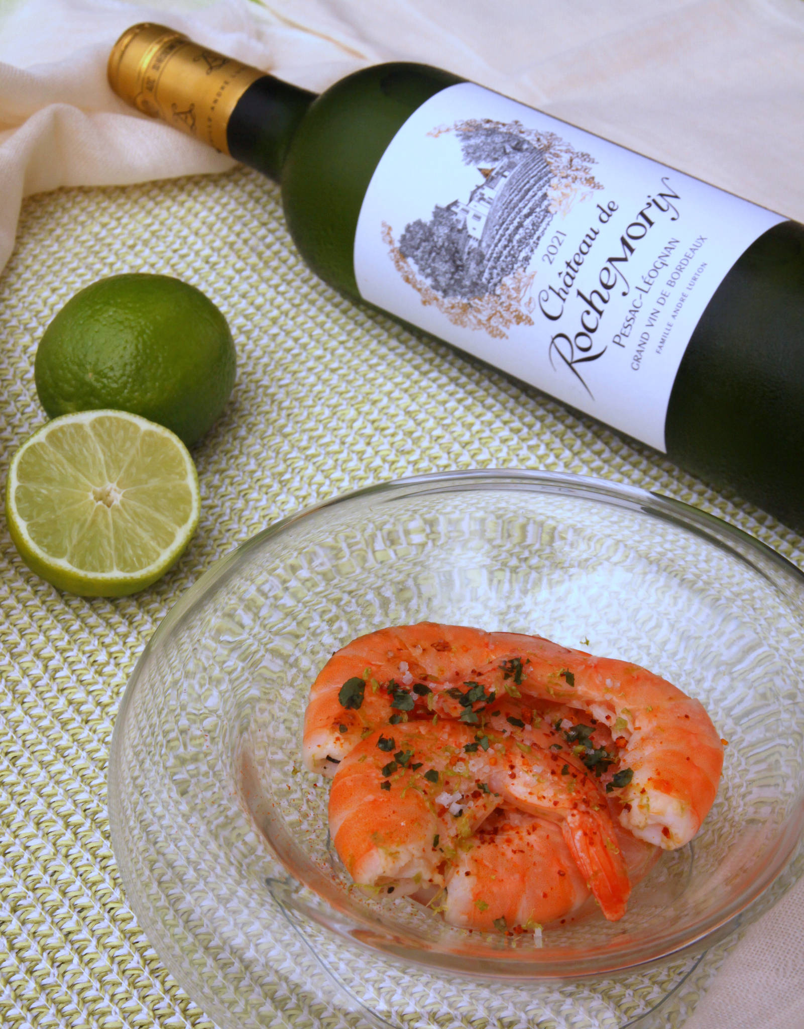 Crevettes coco & citron vert, Château de Rochemorin blanc 2021
