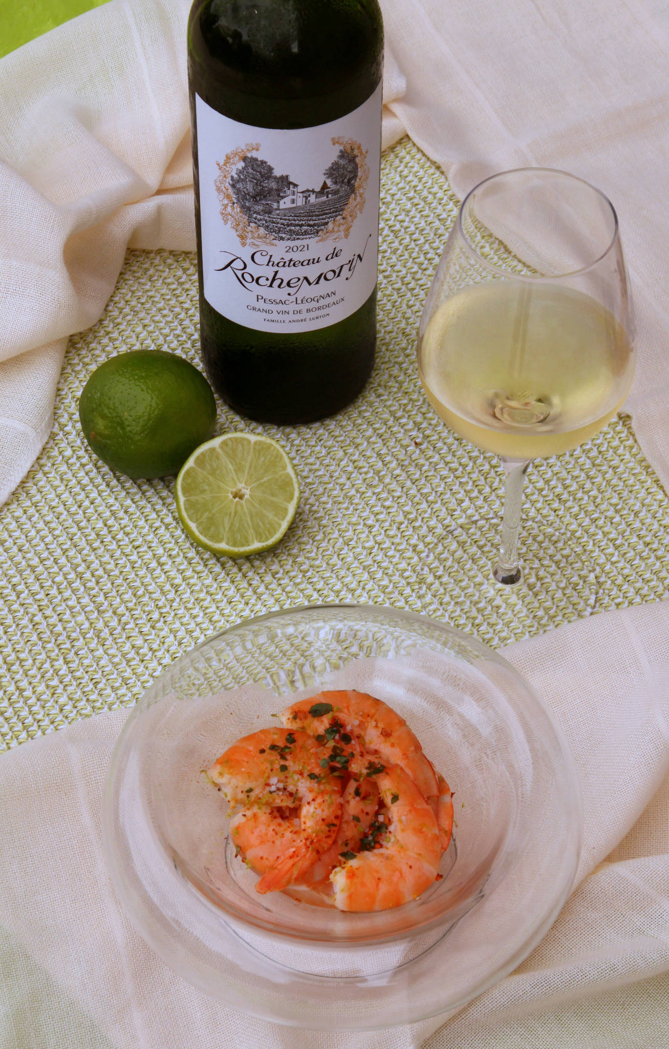 Crevettes coco & citron vert, Château de Rochemorin blanc 2021