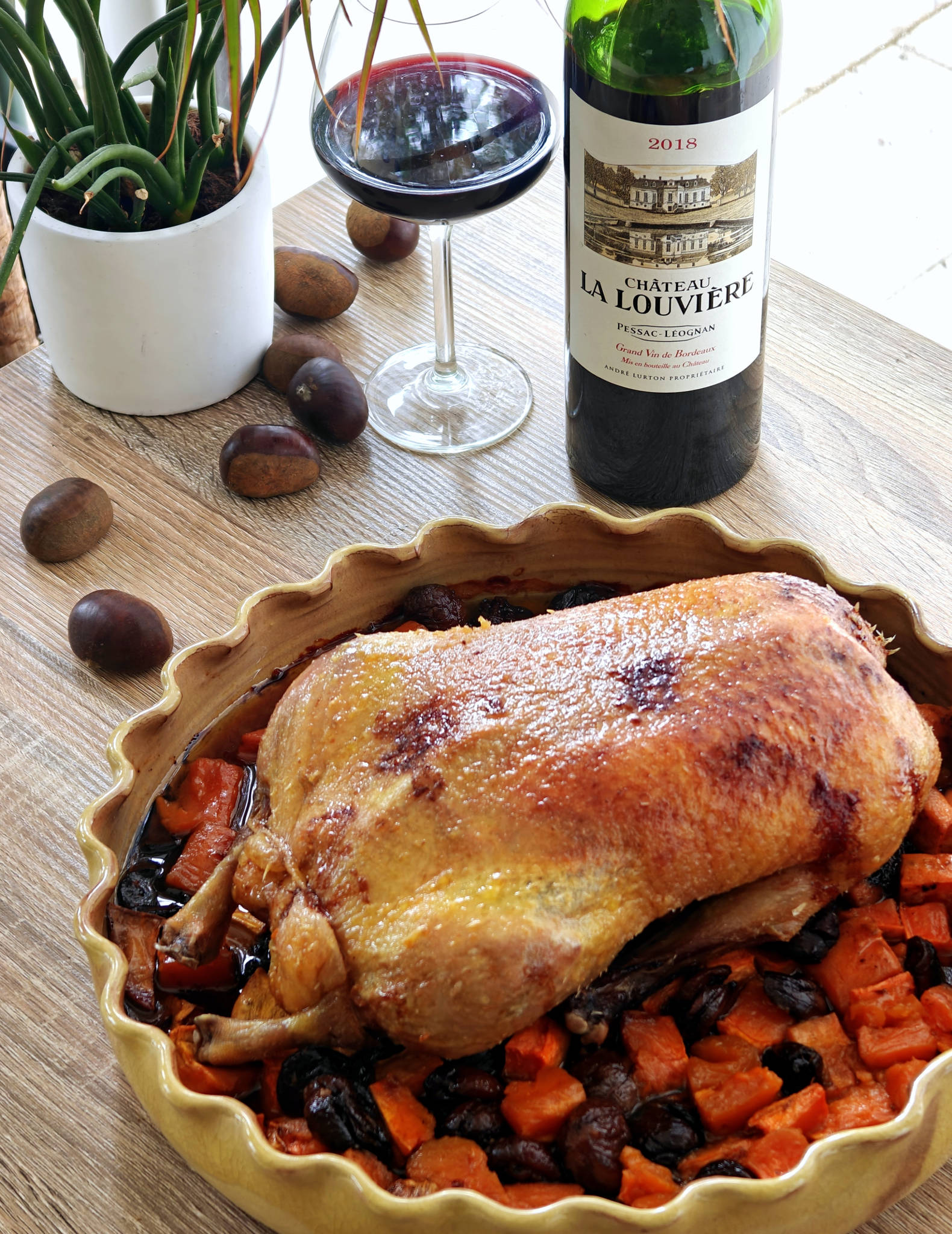 Canard rôti, patates douces & châtaignes, Château La Louvière rouge 2018