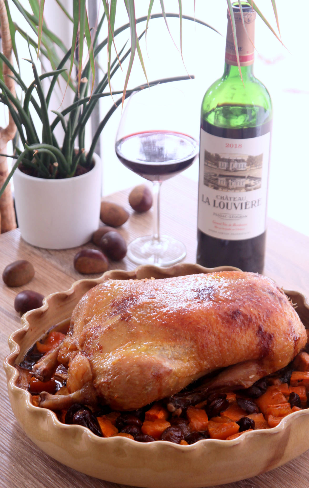 Canard rôti, patates douces & châtaignes, Château La Louvière rouge 2018