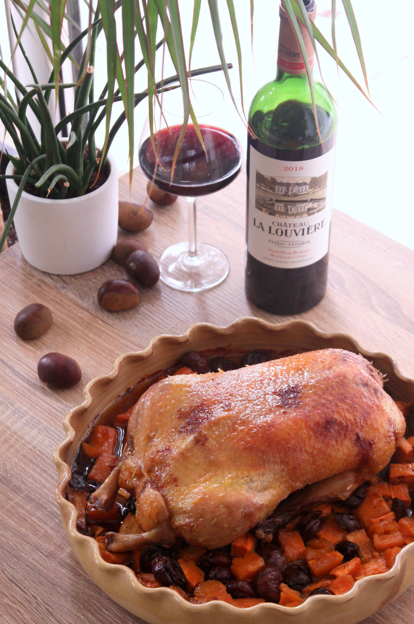 Canard rôti, patates douces & châtaignes, Château La Louvière rouge 2018