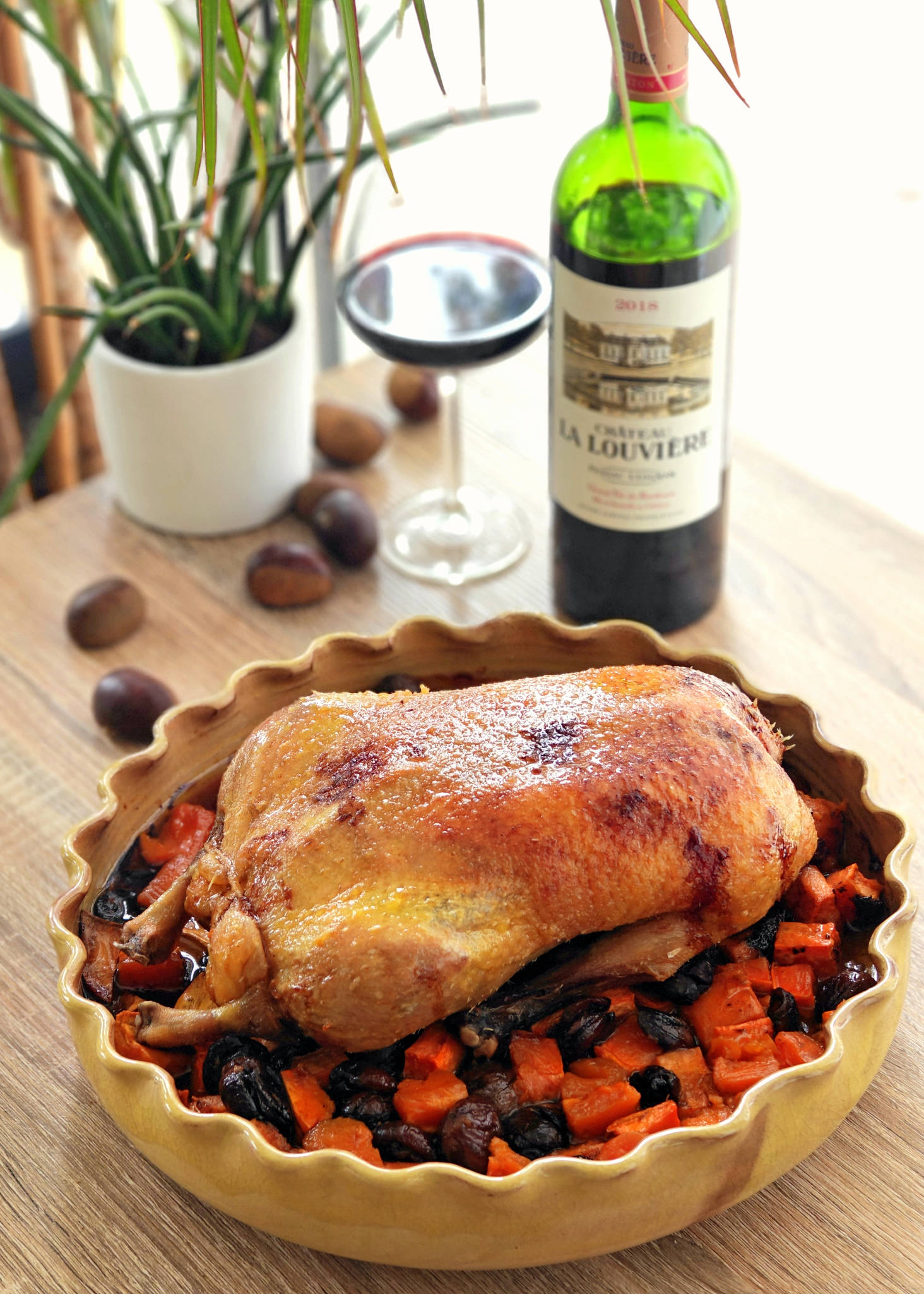 Canard rôti, patates douces & châtaignes, Château La Louvière rouge 2018