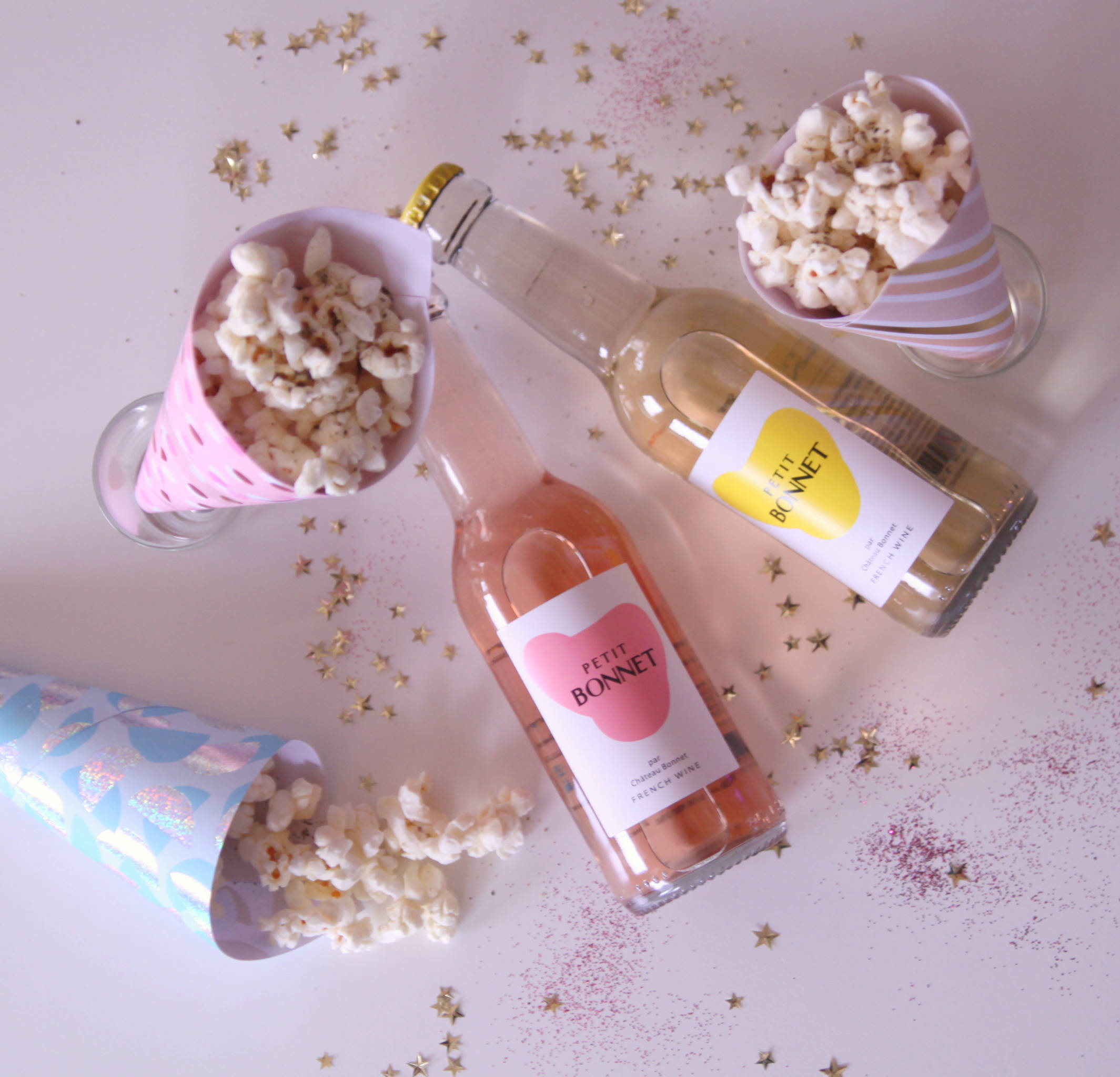 Cornets de pop-corn au parmesan & poivre, Petit Bonnet blanc et rosé
