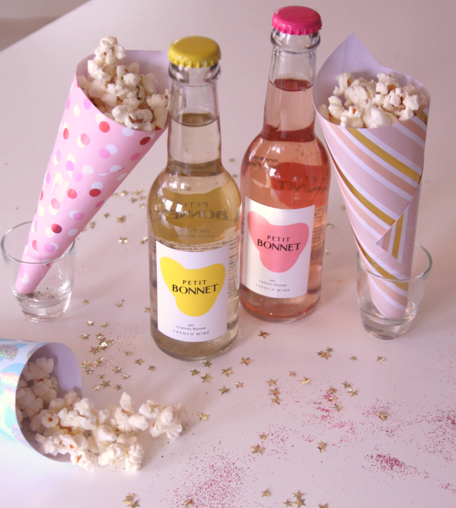 Cornets de pop-corn au parmesan & poivre, Petit Bonnet blanc et rosé