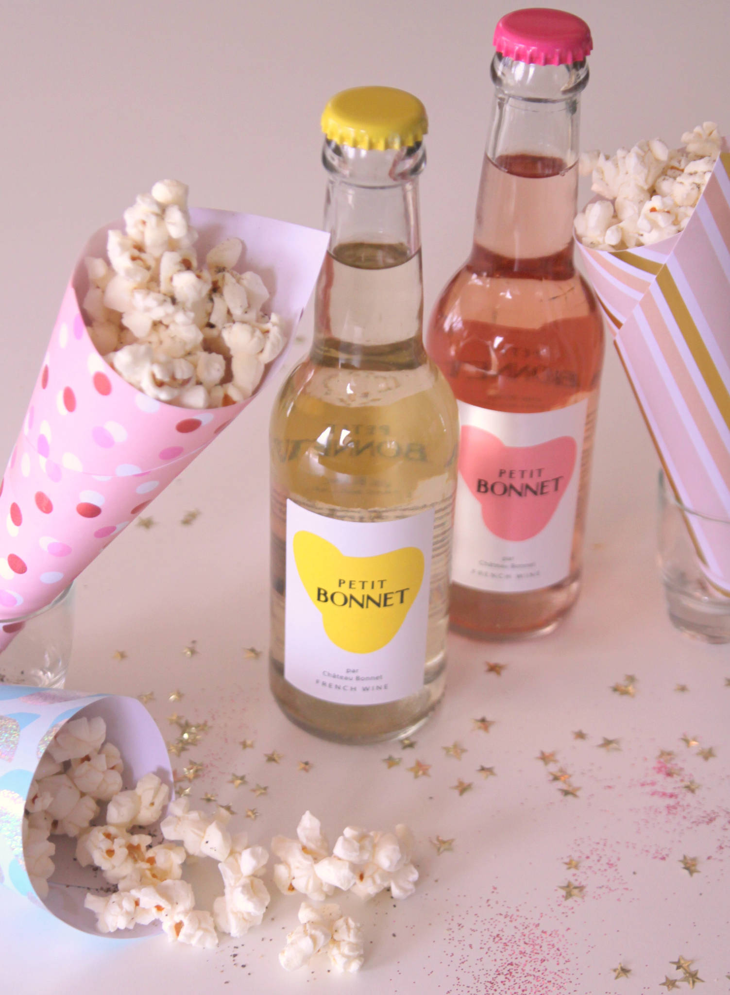 Cornets de pop-corn au parmesan & poivre, Petit Bonnet blanc et rosé
