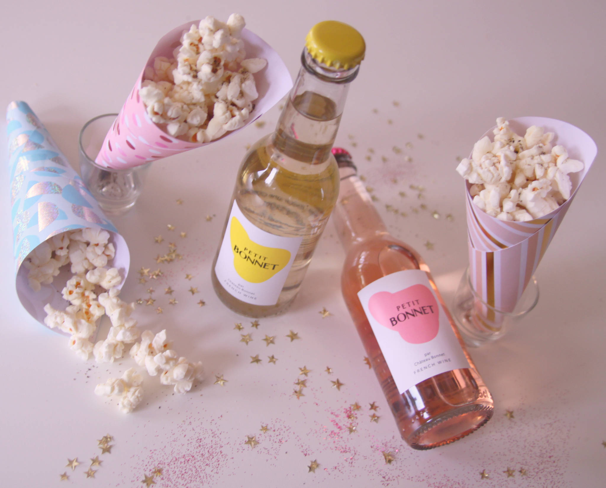 Cornets de pop-corn au parmesan & poivre, Petit Bonnet blanc et rosé