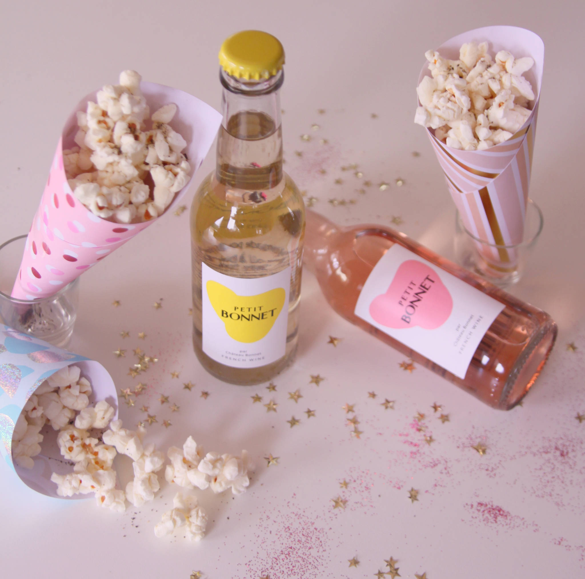 Cornets de pop-corn au parmesan & poivre, Petit Bonnet blanc et rosé