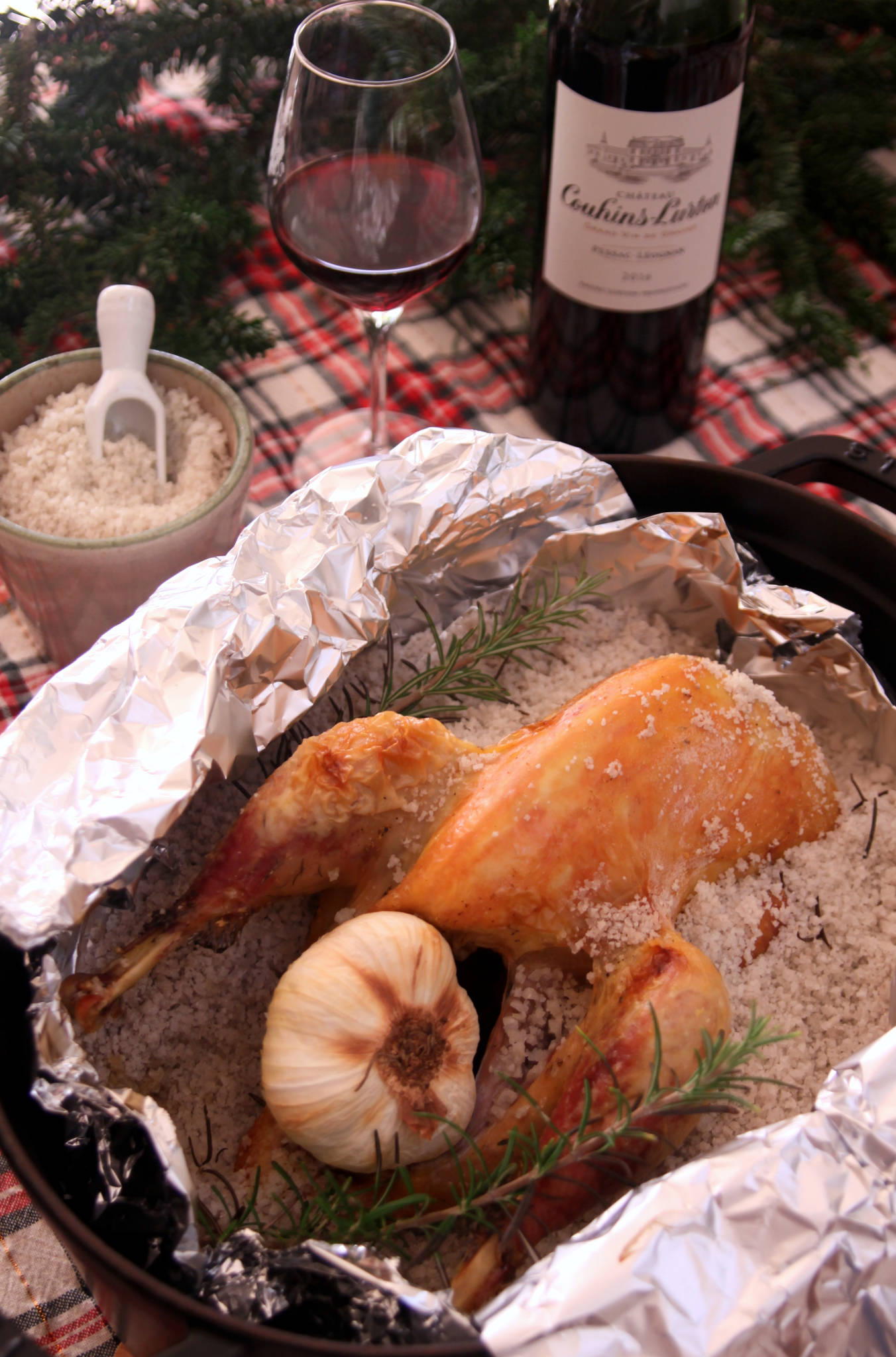 Pintade en croûte de sel, Château Couhins-Lurton rouge 2016